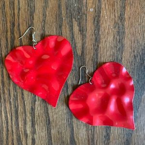 Hammered metal red heart earrings